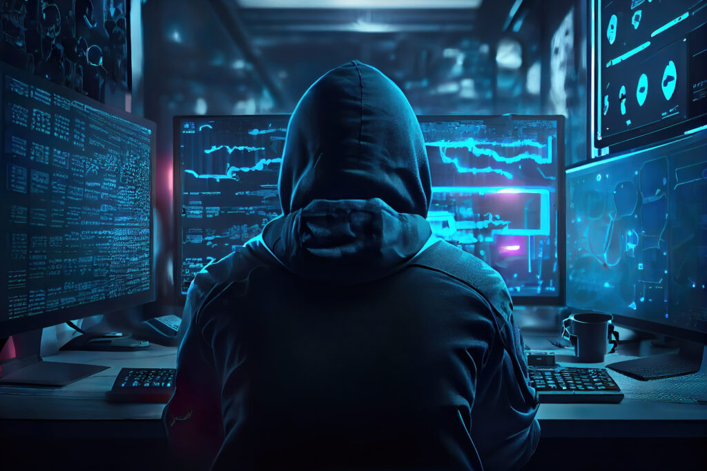 hacker front of his computer committing digital cybercrime