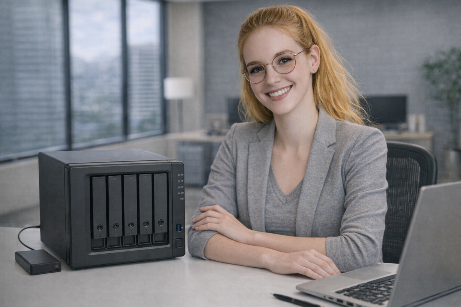 Julia aan een bureau met laptop en professionele NAS‑opslagoplossing in een moderne kantooromgeving.